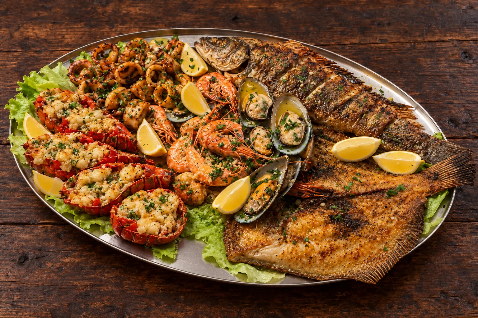 Półmisek z grillowanym okoniem morskim i turbotem, małżami nowozelandzkimi, całą gotowaną krewetką, grillowanymi kalmarami, czterema grillowanymi połówkami ogona homara i grillowanymi krewetkami
